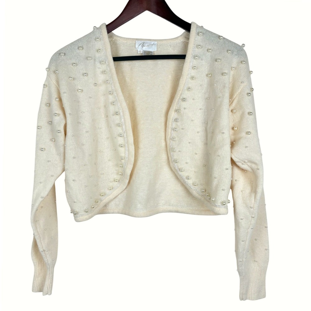 Vintage Womens Cardigan Sz S Beaded Angora Lambswool Coquette Pin Up Cream